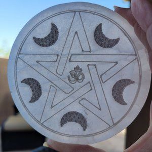 Selenite Moon Star Om Charging Plate 4 Inches Round